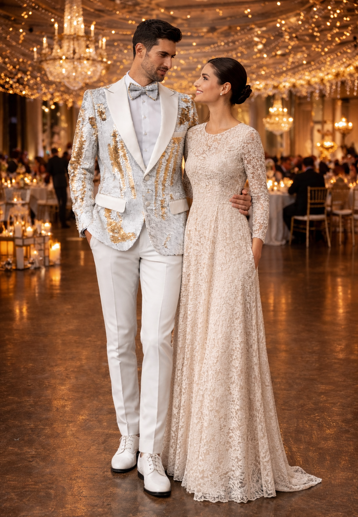 Mens White and Gold Reversible Sequin Tuxedo Jacket with Satin Lapel and Matching Bow Tie