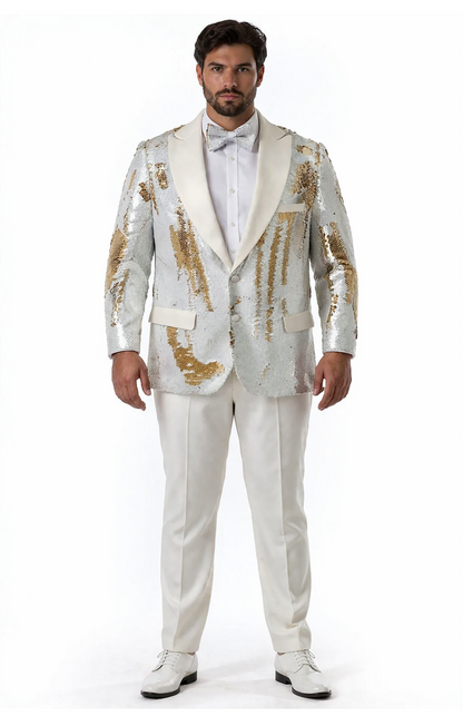 Mens White and Gold Reversible Sequin Tuxedo Jacket with Satin Lapel and Matching Bow Tie