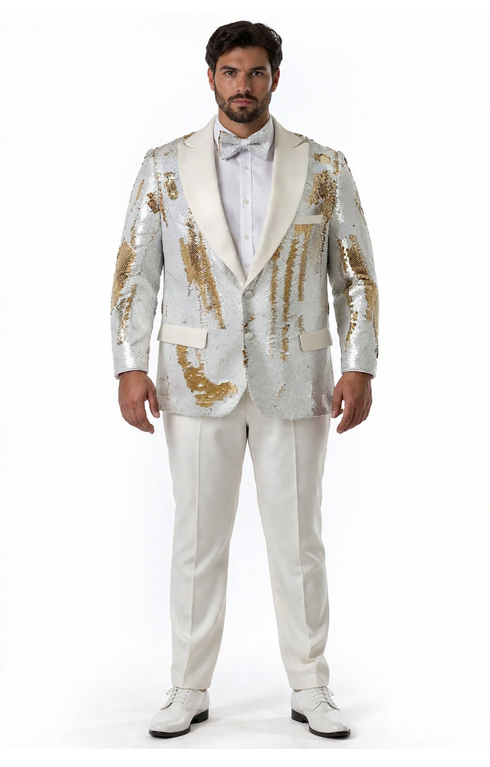 Mens White and Gold Reversible Sequin Tuxedo Jacket with Satin Lapel and Matching Bow Tie