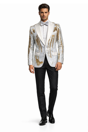 Mens White and Gold Reversible Sequin Tuxedo Jacket with Satin Lapel and Matching Bow Tie