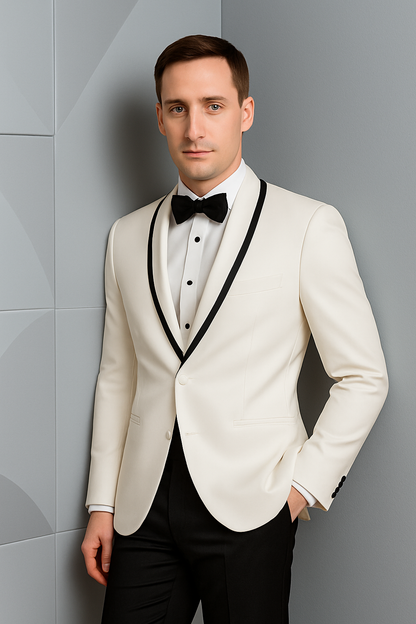 Mens Designer White & Black Trim Traditional Dinner Jacket Tuxedo