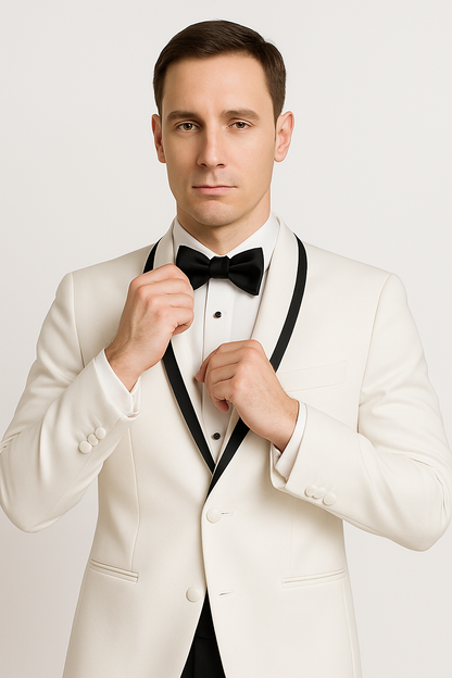 Mens Designer White & Black Trim Traditional Dinner Jacket Tuxedo