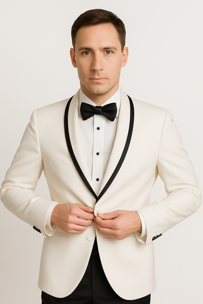 Mens Designer White & Black Trim Traditional Dinner Jacket Tuxedo