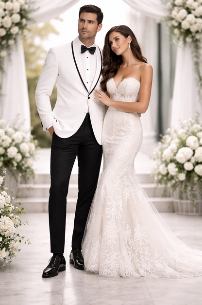 Mens Designer White & Black Trim Traditional Dinner Jacket Tuxedo