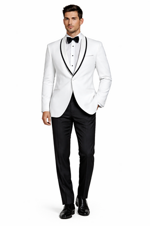 Mens Designer White & Black Trim Traditional Dinner Jacket Tuxedo