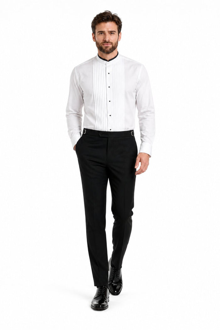 Mens Cotton Pleat Front Mandarin Shirt in White