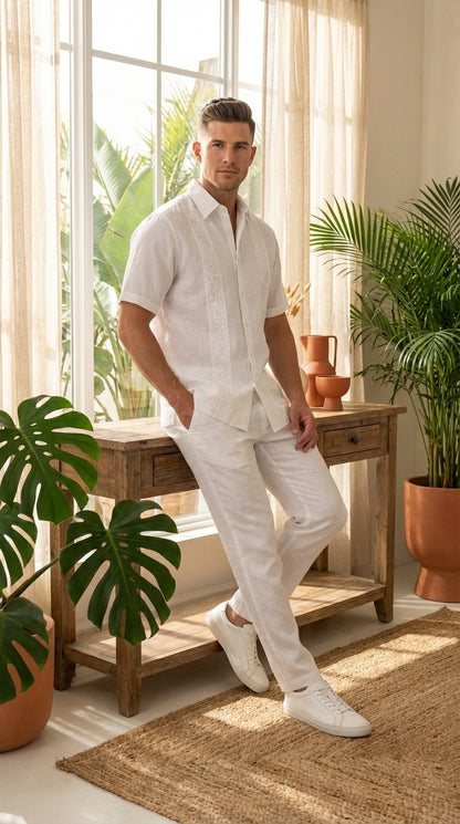 Mens White Embroidered Walking Suit Set – Short Sleeve Shirt and Pants Casual Summer Outfit for Vacation, Beach and Everyday Wear