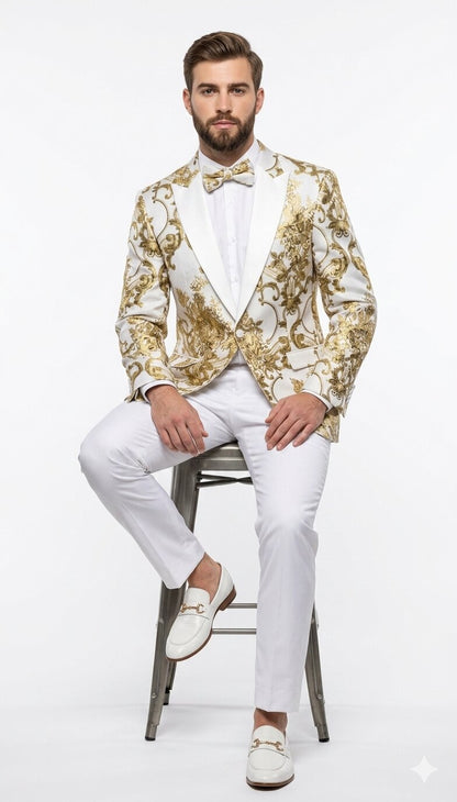 34 Mens White and Gold Floral Tuxedo Jacket with Satin Lapel – Luxury Prom,  Wedding and Formal Dinner Blazer
