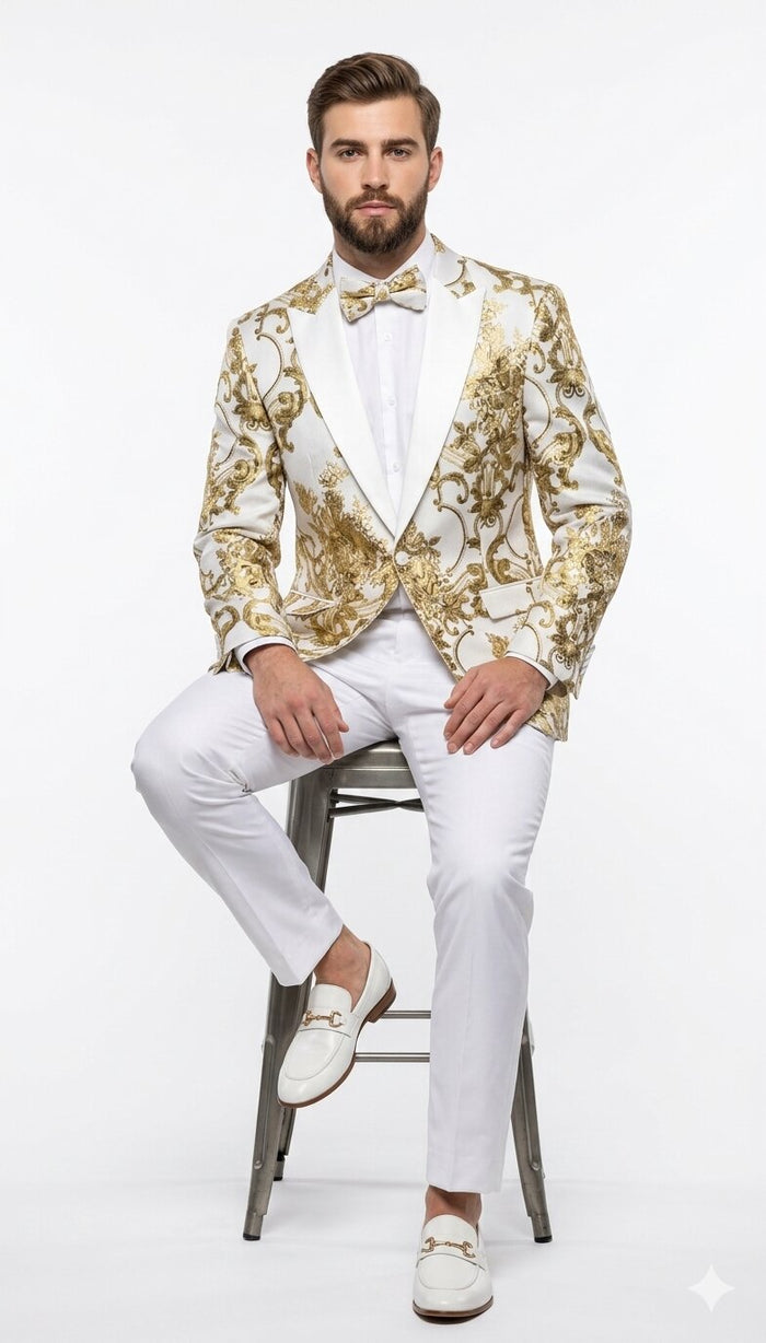 Mens White and Gold Floral Tuxedo Jacket with Satin Lapel  Luxury Prom, Wedding and Formal Dinner Blazer