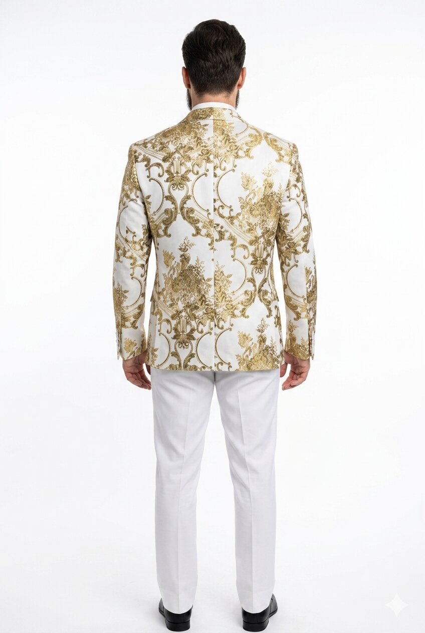 Mens White and Gold Floral Tuxedo Jacket with Satin Lapel  Luxury Prom, Wedding and Formal Dinner Blazer