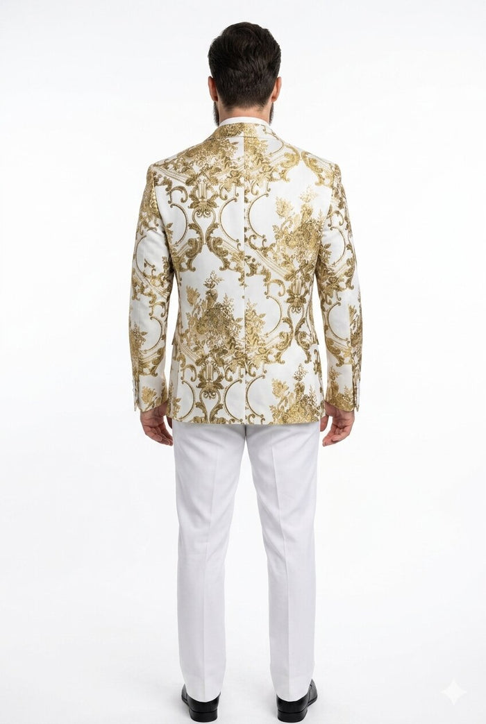 Mens White and Gold Floral Tuxedo Jacket with Satin Lapel  Luxury Prom, Wedding and Formal Dinner Blazer