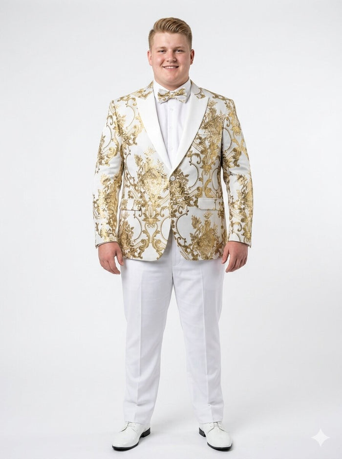 Mens White and Gold Floral Tuxedo Jacket with Satin Lapel  Luxury Prom, Wedding and Formal Dinner Blazer