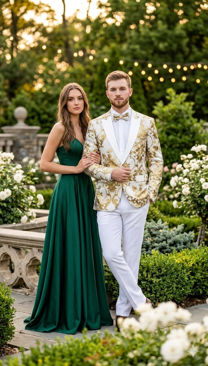 Mens White and Gold Floral Tuxedo Jacket with Satin Lapel  Luxury Prom, Wedding and Formal Dinner Blazer