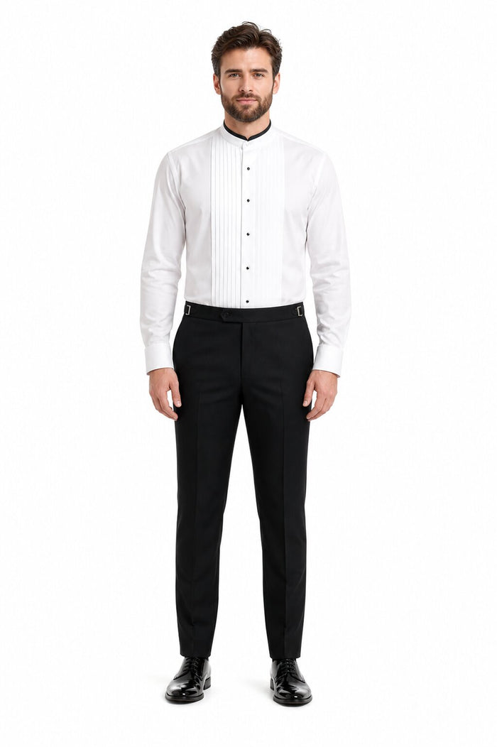 Mens Cotton Pleat Front Mandarin Shirt in White