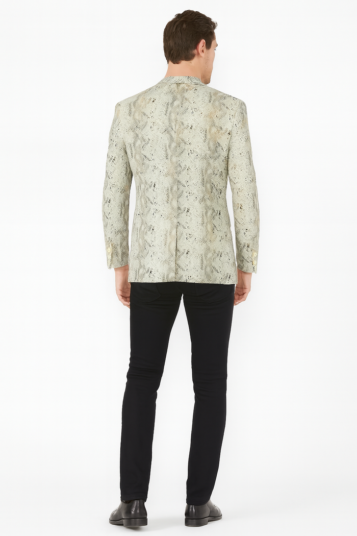Mens White Snake Print Blazer  Exotic Slim Fit Party and Fashion Jacket - Alligator crocodile print