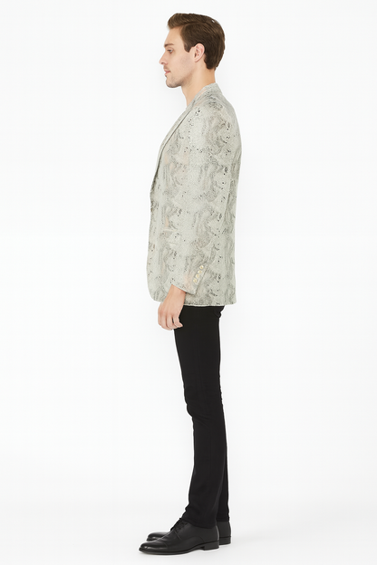 Mens White Snake Print Blazer  Exotic Slim Fit Party and Fashion Jacket - Alligator crocodile print