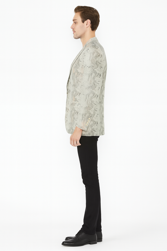 Mens White Snake Print Blazer  Exotic Slim Fit Party and Fashion Jacket - Alligator crocodile print