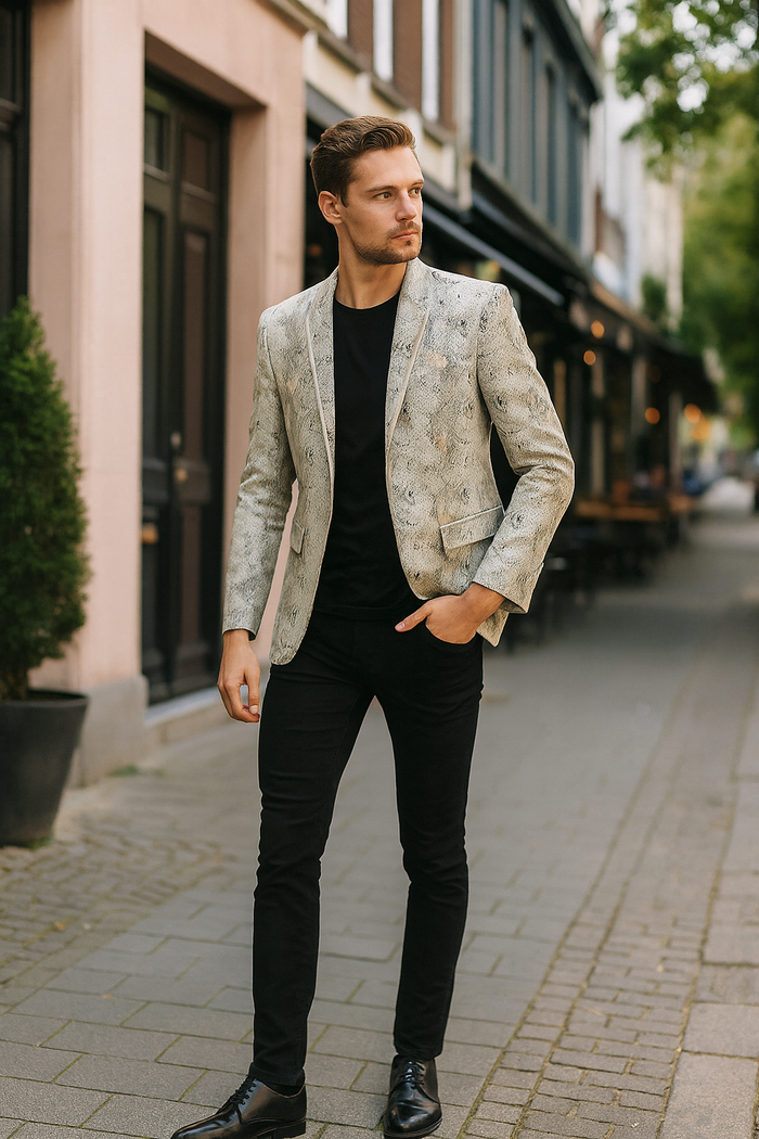 Mens White Snake Print Blazer  Exotic Slim Fit Party and Fashion Jacket - Alligator crocodile print