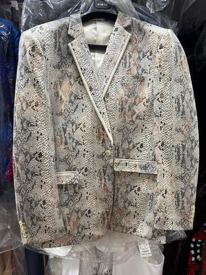 Mens White Snake Print Blazer  Exotic Slim Fit Party and Fashion Jacket - Alligator crocodile print