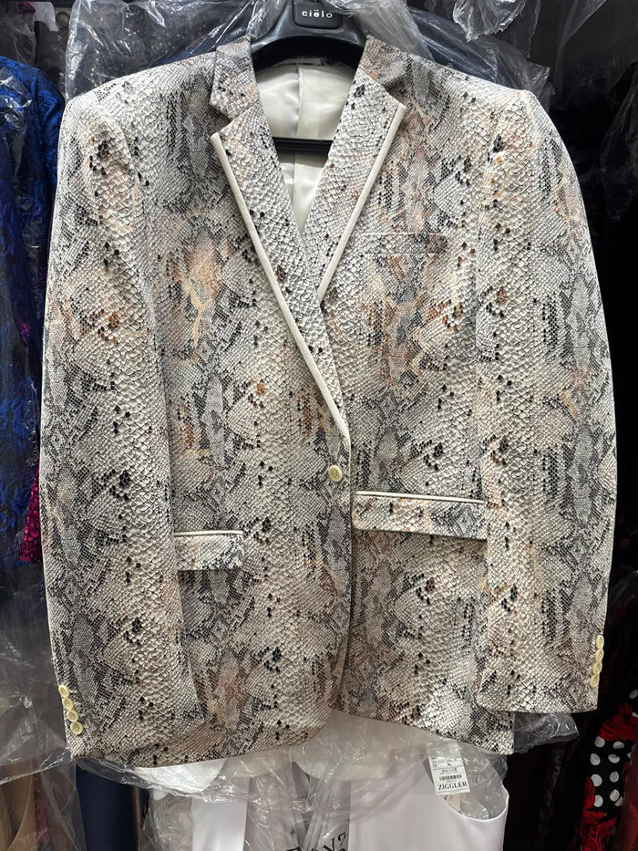 Mens White Snake Print Blazer  Exotic Slim Fit Party and Fashion Jacket - Alligator crocodile print