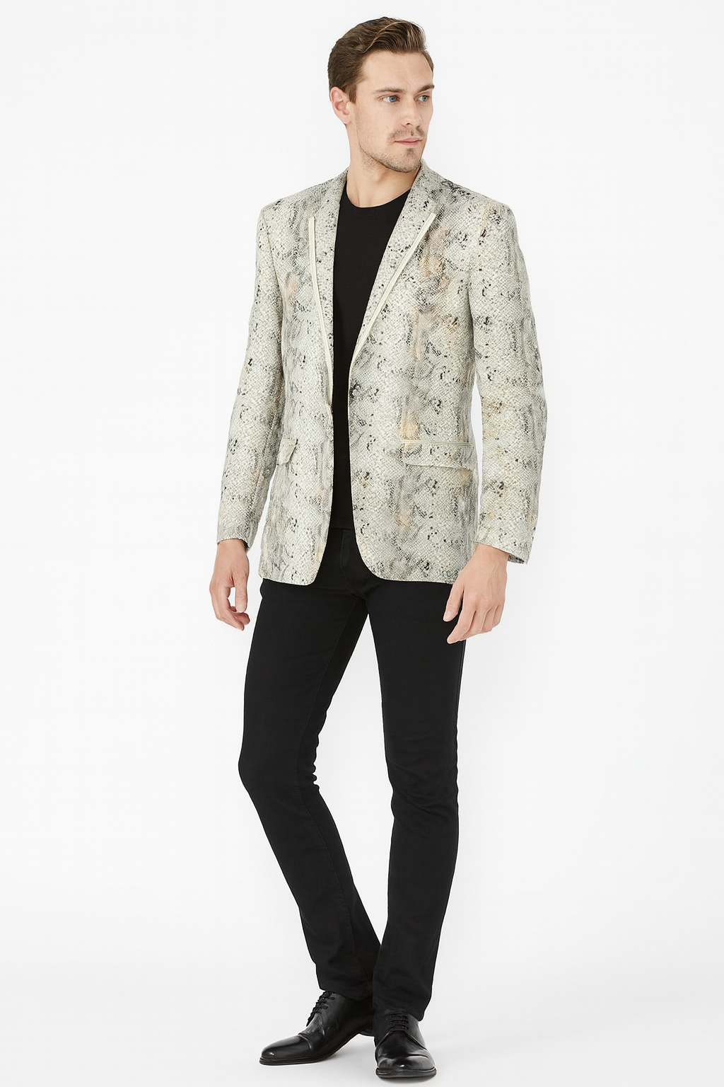 Men’s White Snake Print Blazer – Exotic Slim Fit Party and Fashion Jacket - Alligator crocodile print