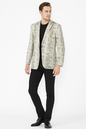 Mens White Snake Print Blazer  Exotic Slim Fit Party and Fashion Jacket - Alligator crocodile print