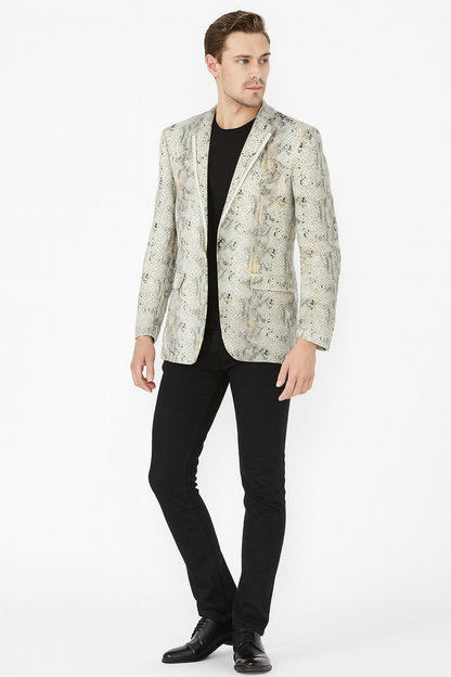 Mens White Snake Print Blazer  Exotic Slim Fit Party and Fashion Jacket - Alligator crocodile print