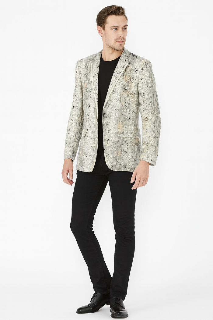 Mens White Snake Print Blazer  Exotic Slim Fit Party and Fashion Jacket - Alligator crocodile print