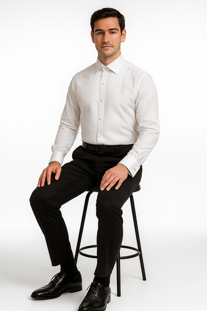 Mens Classic Cotton Wing Collar Plague Front Tuxedo Shirt in White