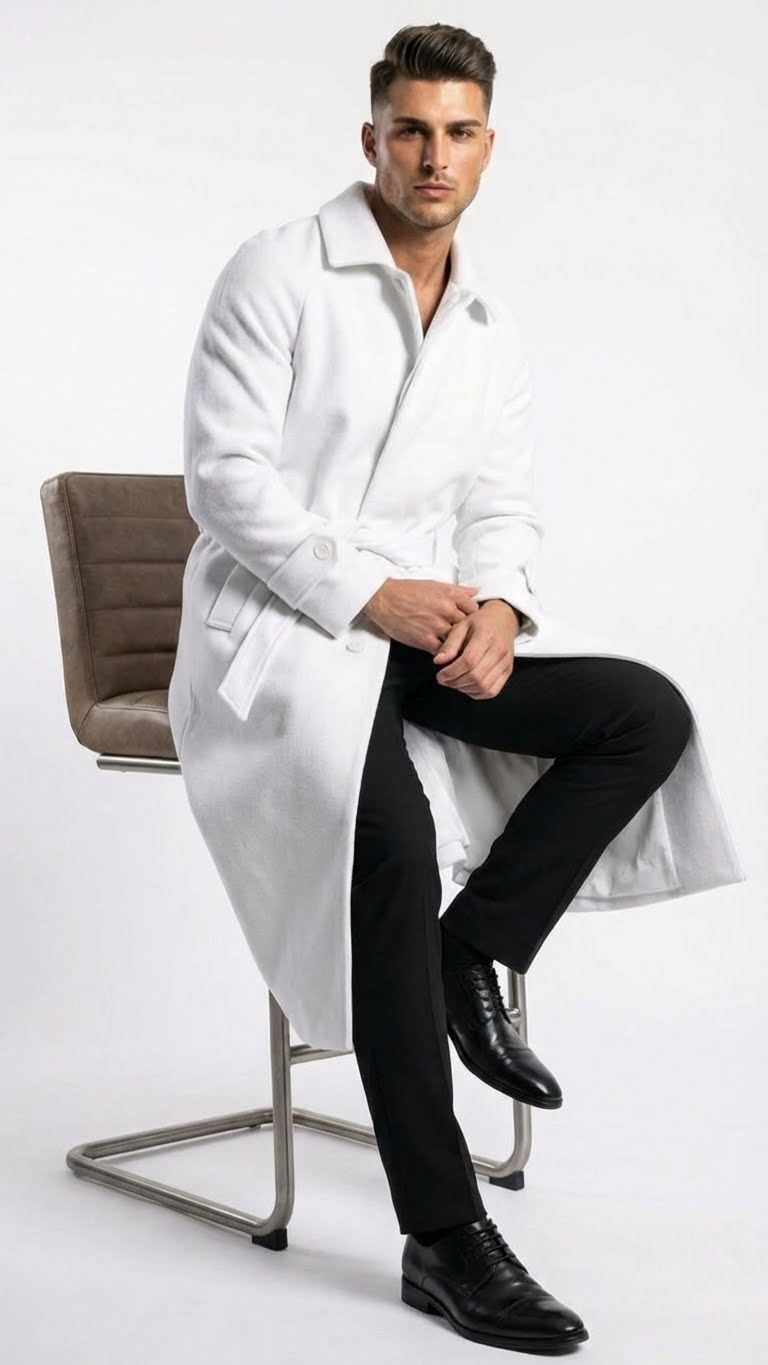 Men's White Wool Belted Long Coat – Classic Overcoat for Formal Wear, Wedding Full length