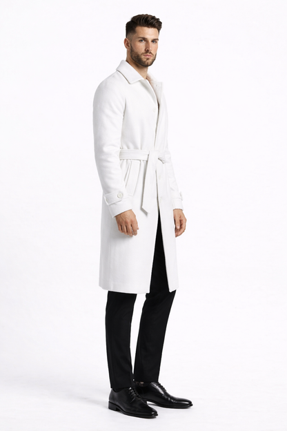 Men's White Wool Belted Long Coat – Classic Overcoat for Formal Wear, Wedding Full length
