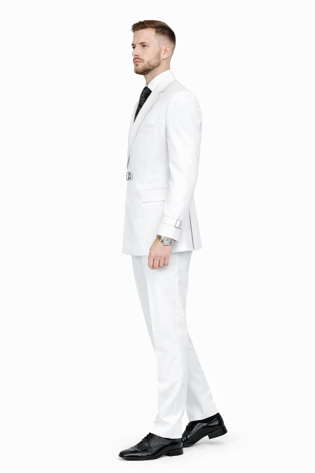 Men’s White Double Breasted Wool Suit with Designer Tailored Formal Set Metal Buckle Closure