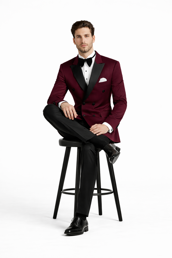 Men's Wine Velvet Tuxedo - Velvet Suits Double Breasted Tuxedo Suits - Slim Fit