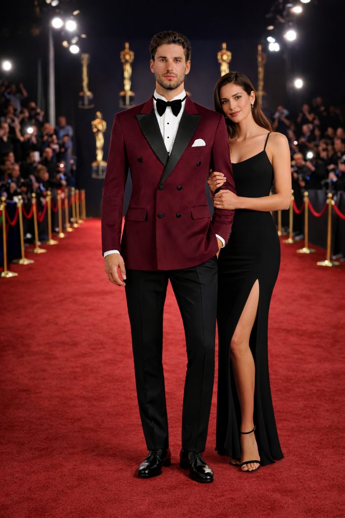 Men's Wine Velvet Tuxedo - Velvet Suits Double Breasted Tuxedo Suits - Slim Fit