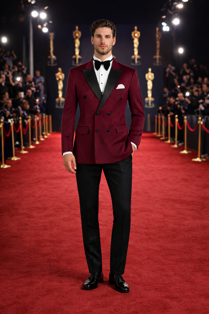 Men's Wine Velvet Tuxedo - Velvet Suits Double Breasted Tuxedo Suits - Slim Fit
