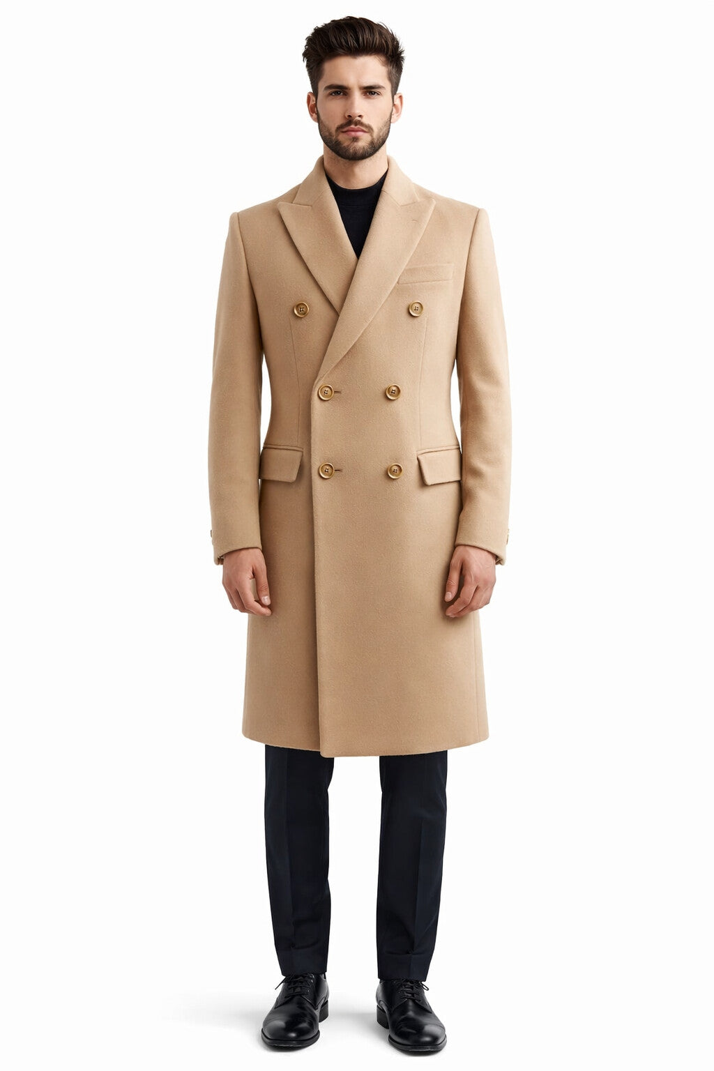 Men's Wool And Cashmere Double Breasted Long Overcoat Beige ~ Camel Three Quarter Winter Men's Topcoat Sale