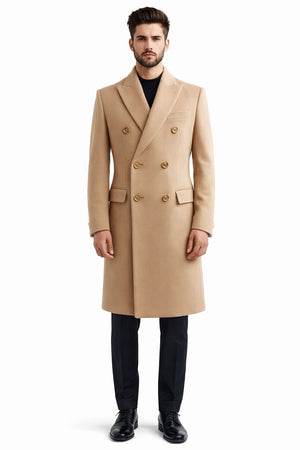 Men's Wool And Cashmere Double Breasted Long Overcoat Beige ~ Camel Three Quarter Winter Men's Topcoat Sale