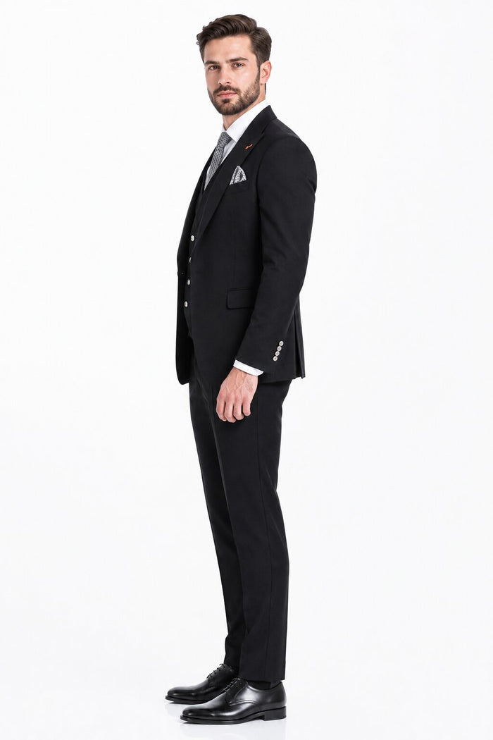 Men's Black Statement Ticket Pocket Peak Lapel Wool Double Breasted Vest Suit with Silver Buttons – Modern Fit
