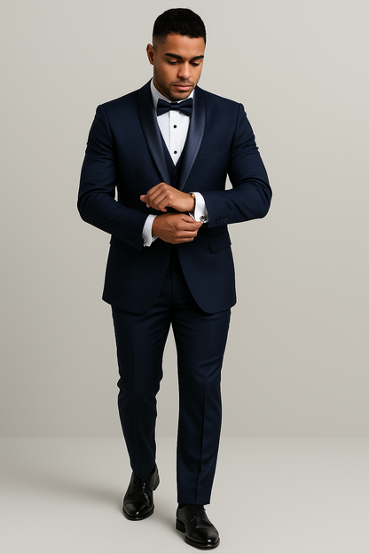 Mens Wool One Button Modern Fit Shawl Prom Tuxedo in Navy