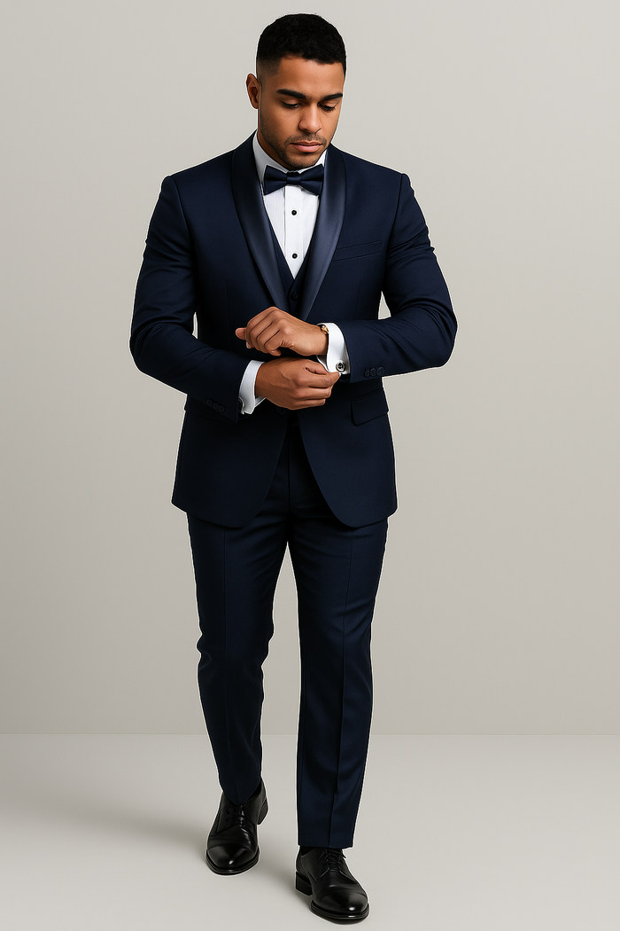 Mens Wool One Button Modern Fit Shawl Prom Tuxedo in Navy