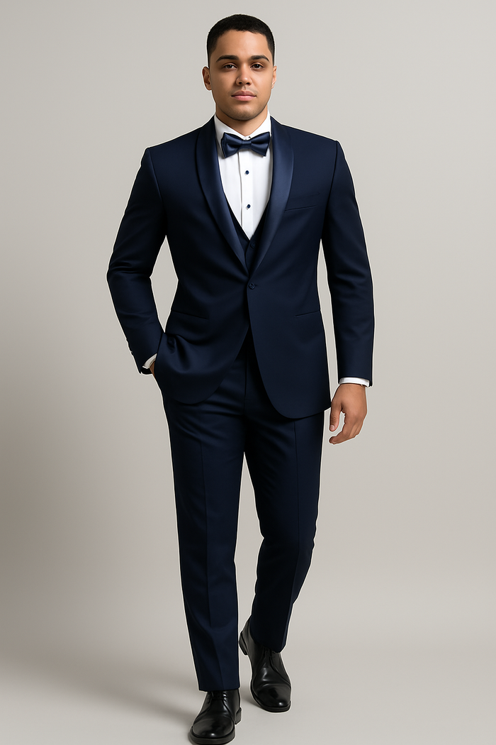 Mens Wool One Button Modern Fit Shawl Prom Tuxedo in Navy