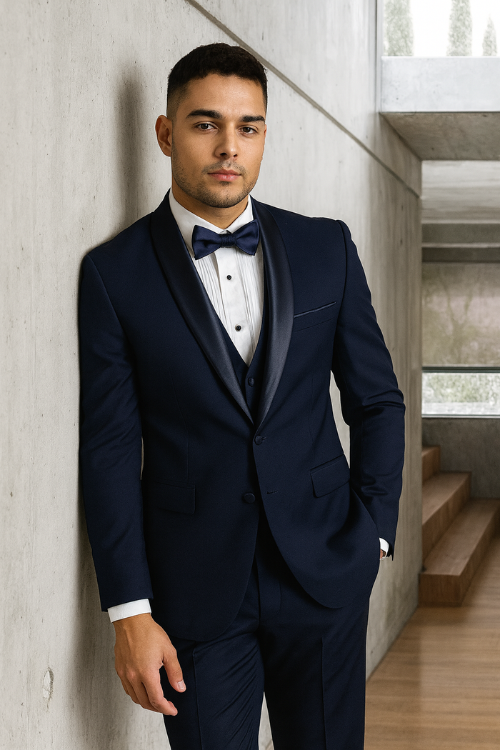 Mens Wool One Button Modern Fit Shawl Prom Tuxedo in Navy