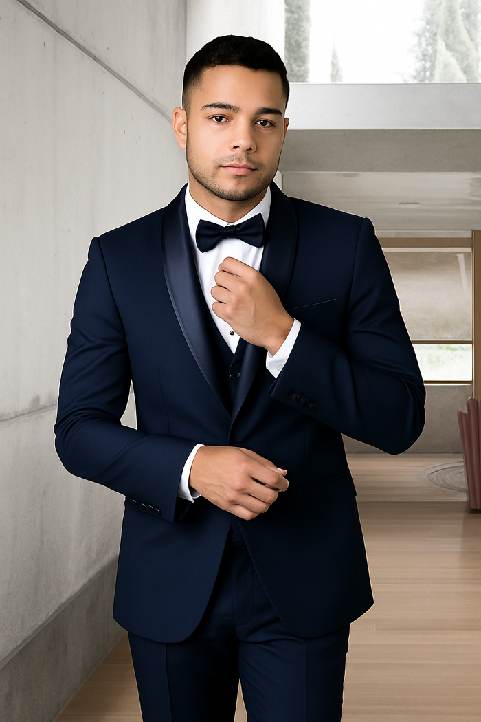 Mens Wool One Button Modern Fit Shawl Prom Tuxedo in Navy