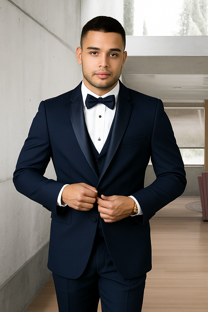 Mens Wool One Button Modern Fit Shawl Prom Tuxedo in Navy