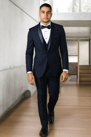 Mens Wool One Button Modern Fit Shawl Prom Tuxedo in Navy