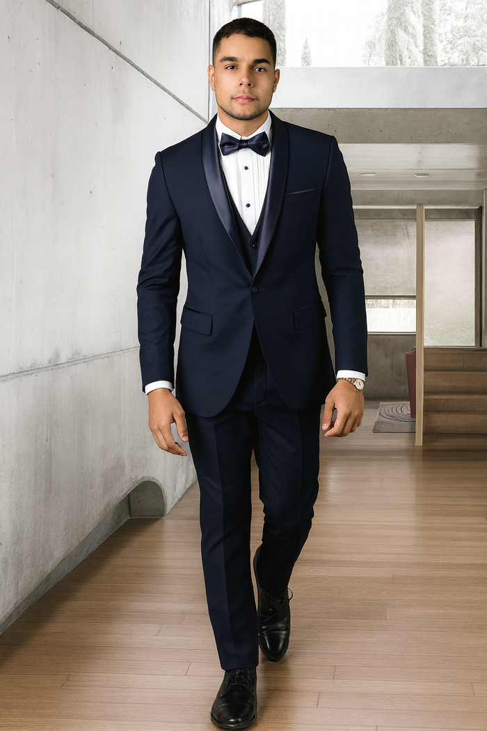 Mens Wool One Button Modern Fit Shawl Prom Tuxedo in Navy
