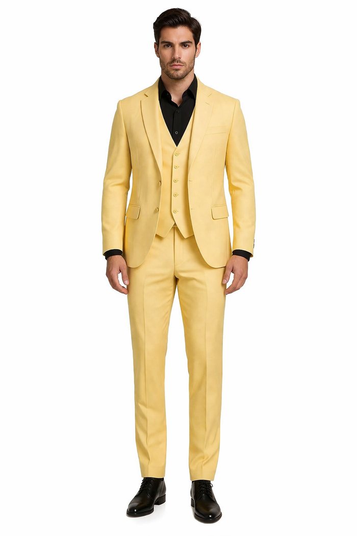 Men's Yellow 3-Piece Suit with Black Dress Shirt  Modern Slim Fit Formal Attire