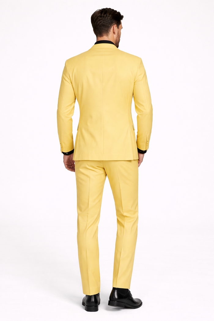 Men's Yellow 3-Piece Suit with Black Dress Shirt  Modern Slim Fit Formal Attire
