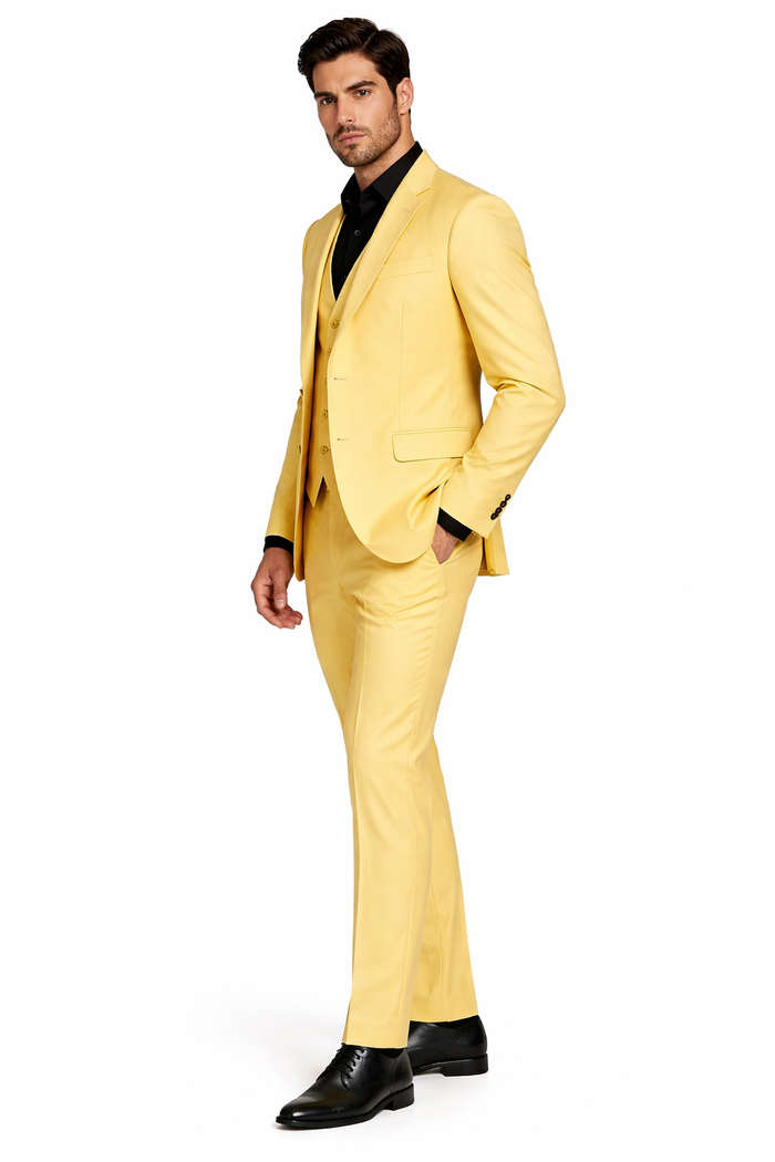 Men's Yellow 3-Piece Suit with Black Dress Shirt  Modern Slim Fit Formal Attire