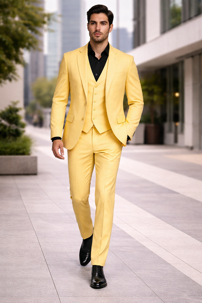 Men's Yellow 3-Piece Suit with Black Dress Shirt  Modern Slim Fit Formal Attire
